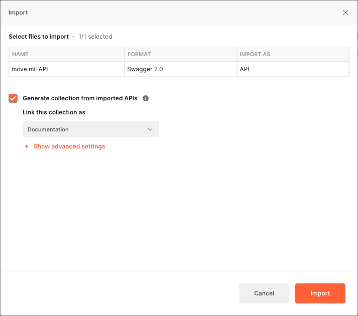 Screenshot of Postman YAML upload