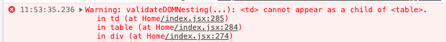 Image of console error reading &quot;Warning: validateDOMNesting(...): &lt;td&gt; cannot appear as a child of &lt;table&gt;.&quot;